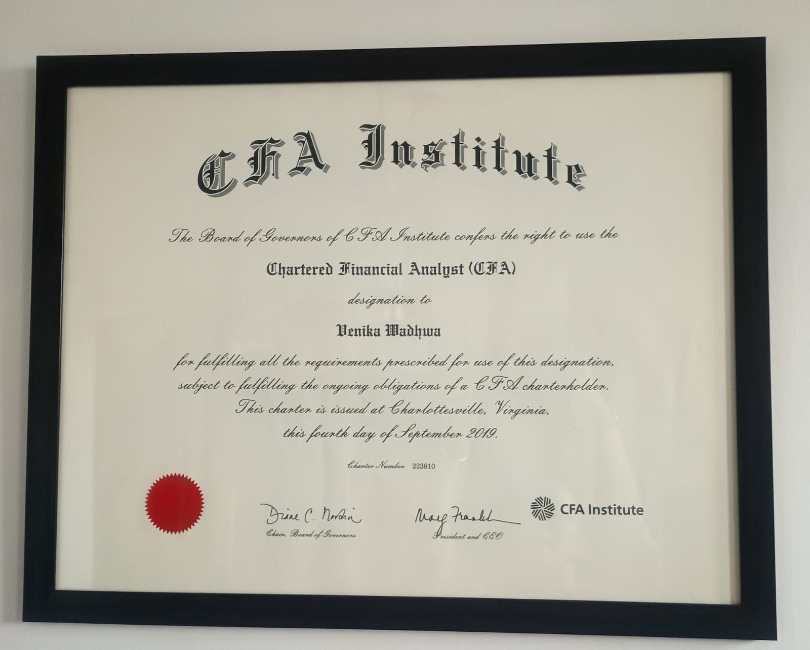 CFA Charter Certificate - Venika Wadhwa, CFA Charterholder since 2019